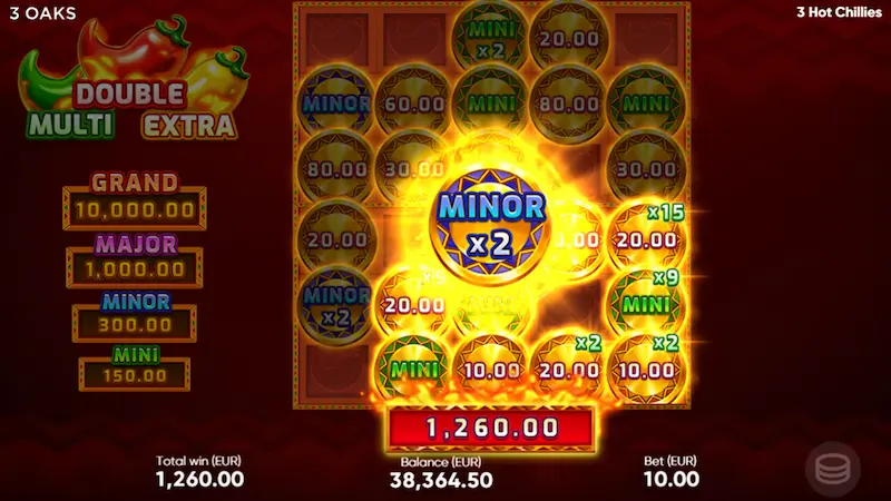 Bonus Hold and Win en 3 Hot Chillies con símbolos activos y valores en pantalla