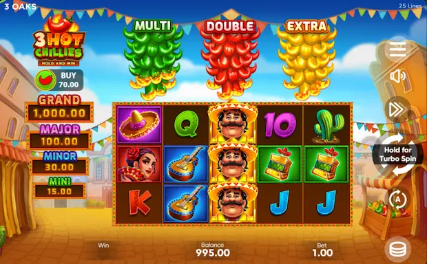 Interfaz del 3 Hot Chillies slot con rodillos y medidores de chiles